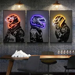 Canvas Painting Neon Light Fashion Effect Motorcycle Helmet Poster Print Graffiti Art Wall Picture for Bar Boys Bedroom Home Decor No Frame Wo6