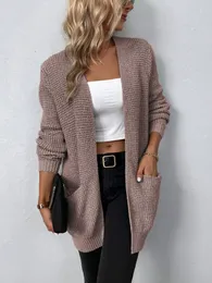 Women's Knits Tees Autumn/Winter Women's Sweater V-Neck Solid Color Loose Fit Pockets Long Cardigan Knitted Coat Traf Casual Sweaters Women 230816