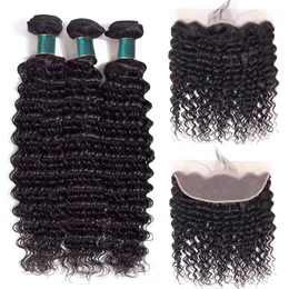 10A Deep Wave Human Hair Bundles With Frontal Brazilian Cuticle Aligned Hair 3 Bundles With Ear To Ear Closure 13x4 Lace Frontal E314j