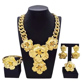Earrings Necklace Jewelry Set For Women Cuban Chain Necklace Gold Plated Flower Big Pendant Italian Gold Earrings Luxury Wedding Party Bijoux 230820