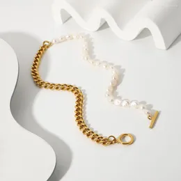 Kedjor Klassisk OT Buckle Cuban Chain Fresh Water Pearl Necklace Rostfritt stål Halva skarvtillbehör Kvinnor 2023