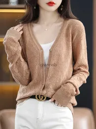 Women's Knits Tees MVLYFLRT 100% Pure Wool Sweater Ladies V-Neck Cardigan Casual Knitted Stranded Top Spring and Autumn Thin Warm Women's Jacket HKD230821