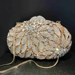 Evening Bags Gold Metal Leaves White Crystals Evening Clutch Bags Luxury Women Wedding Party Purse Ball Handbags Rhinestone Mini Minaudiere HKD230821