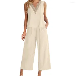 Women's Two Piece Pants Casual Cotton Linen Solid Color Outfit Sets Women Lace Hollow V-Neck Sleeveless Top Wide Leg Conjuntos De Pantalones