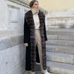 Womens Wool Blends Women Natural Fur Luxury Designer Coat Cashmere Long 230818