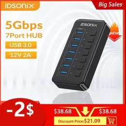 IDsonix Powered USB 3.0 HUB Splitter Socket With On-Off Switches Support BC1.2 Charging Strip Power Adapter For PC Laptop