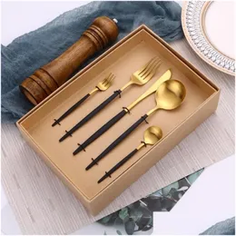 Flatware Sets 30Pcs Black Gold Kitchen Utensils Stainless Steel Cutlery Set Tableware Dinner Service Fork Knife Spoon Drop Delivery Ho Dhwfp