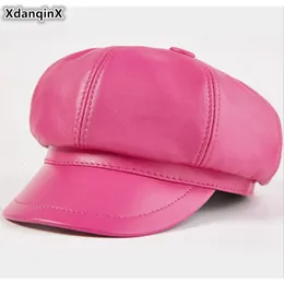 BERETS XDANQINX Autumn Womens Sheepskin Leather Sboy Caps Elegant Lady äkta hatt Simple Fashion Young Women Trend Cap 230821