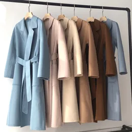 Womens Wool Blends Korean Women Handmade Hepburn Corrugated Water Ripples Coat Doublesided Cashmere Long Woolen Jacket Max 230818