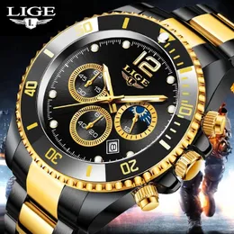 Armbandsur Lige Watches Mens Top Brand Luxury Clock Casual rostfritt stål 24 timmar Månfas Män tittar på sportvattentät kvartskronograf 230820