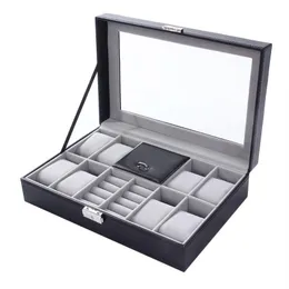 Watch Boxes Mixed Grids Wacth Box Leather Case Storage Organizer Luxury Jewelry Ring Display Black Quality 2 In 1199Q