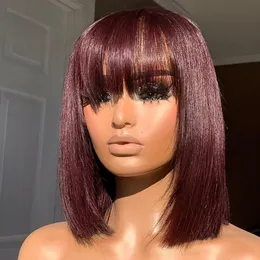 Syntetiska peruker 99J Bourgogne Straight Bob Human Hair Wigs With Bang Full Machine Made Brasilian Remy Human Hair Short Bob Wigs For Black Woman 230818