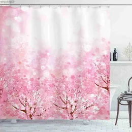 Cortinas de chuveiro Cortina de chuveiro cor de cerejeira rosa Retro Floral Sakura Plum Blossom Flor Flor Flor Flor Geométrica Acessórios para o banheiro R230821