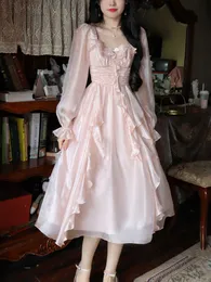 Abito midi da sera vintage francese da sera, rosa, stile coreano, dolce, femminile, con maniche a palloncino, elegante fata autunnale 230808