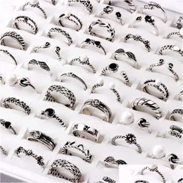 Band Rings Fashion Mix Style 50st/Lot Metal Ring Justerbar öppning Antik Sier Alloy Fit Men Wedding Jewelry Gift Drop Delivery Dh2zm