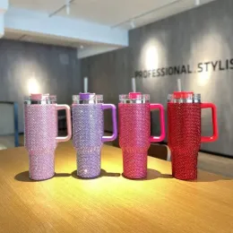 40oz Bling Rhinestone Diamond Tumbler Glitter vattenflaska med lock rostfritt stål Vakuumstrån Fancy Vakuum Drinking Cups Mugs 8.21