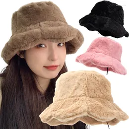 Berets zima pluszowa falbala fisherman hats moda urocza dziewczyna szeroka brzeg okrągły czapkę kubełko kobiet puszysty kaszmirowy ciepłe zimne czapkę