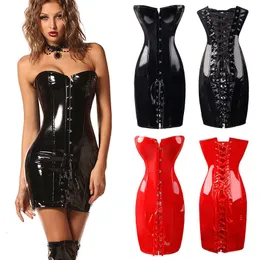 Midja mage shaper snörning faux läder korsett klänning våtlook pvc steampunk gotisk axelbandslös bustier klänning vintage klubb halloween party korsett 6xl 230818