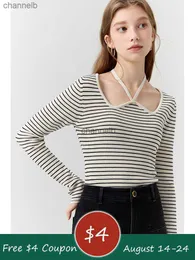 Women's Knits Tees FSLE French Style Elegant Striped Thin Sweater for Women 2023 New Autumn Vintage Curved Neckline Strap Short Top Female HKD230821