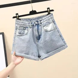 Kvinnors shorts trendiga trevliga sommar kvinnor vintage hög midja lös blå denim casual kvinnlig bred ben fast färg jeans