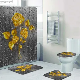 Cortinas de chuveiro Gold Rose Banheiro preto Conjunto de chuveiro de luxo com tapete de tapete de banho tapete para decoração de vaso sanitário Acessórios de chuveiro Conjunto de cortina de chuveiro 4pcs R230821