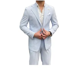 Erkekler Suits Blazers Yaz Seersucker Erkekler Takım Leisure Mavi Çizgili İnce İngiliz Gentry Giyim İş Damat Düğün Smokin İnce Fit 230821