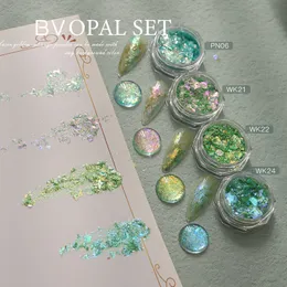 Nail Glitter HNDO Green Color 4 Pcs Set Opal Powder Glitter Nail Art Decoration Flakes Iridescent Pigment Dust for Manicure Design 230821