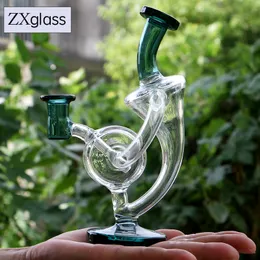Thick Glass Dab Rigs Wheel Design Clear Recycler Glass Bong Borosilicate Percolator Hookah For Dabber Smoking with 14mm Bowl Joint Blue Green Black