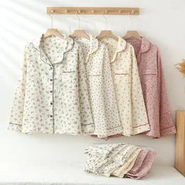 Kvinnors sömnkläder Höstkvinnor tryckt pyjama Set Cotton Double Layer Gaze Cartoon Flower Nightwear Little Fresh Cute Texture Night Clothes