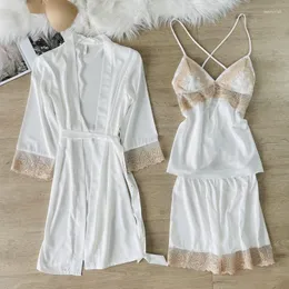 Women's Sleepwear Solid Color Sexy Pajamas Set Nightgown Robe Women Ice Silk Homewear Night Dress V Neck Lace Edge Nightwear Home Clothing