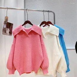 Camiscedores femininos de cor doce de laplo -sweater de cor de lapela grande 2023 moda coreana rosa saltadores soltos tops