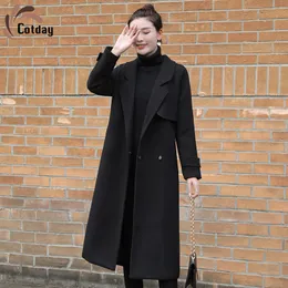 Wool Blends Cotday Black V Szyja luźna dla swobodnych kobiet szkoła Koreańska wersja Plus Długość nad kolanem wełniana mieszanka 230818