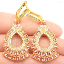 Dangle Earrings 52x23mm Big European Design Jewelry Set 21G 생성 된 Pink Kunzite CZ 여성 데이트 14K Gold Silver Pendant