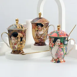 Kaffekrukor kopp med lock och sked ben gamla kinesiska klimt målning te lyxig gåva vintage porslin mugg