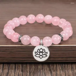 Charm Bracelets Natural Pink Crystal Bracelet Healing Biddha Wrist Mala Beads Stone Lotus Yoga Chakra Jewelry Women