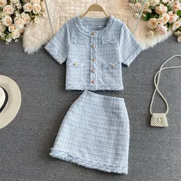 Summer new design women's o-neck short sleeve tweed woolen coat and a-line skirt 2 pcs dress twinset suit ML156v