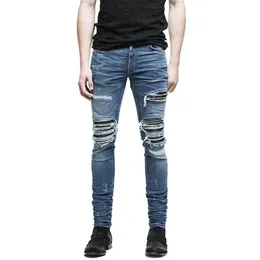 Moruancle Marka Tasarımcısı Erkek Kotu Yırtık Biker Kot Pantolon Joggers Joggers Deri Patchwork Black Blue299E