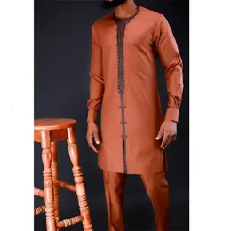 남성 트랙 슈트 여름 Dashiki Suits 셔츠 자수 Kaftan Long Sleeve Top 및 캐주얼 바지 2 조각 요소 남자 브랜드 SetM4XL 230818