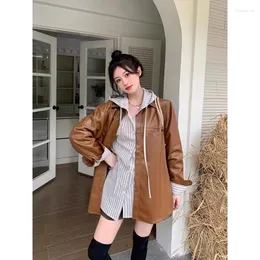 Women's Leather 2023 Vintage Loose Brown Coats Hooded Single Breasted Long Sleeve Striped Shirts Two Piece Clothing