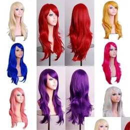 Perucas de cosplay 70 cm de onda solta sintética para mulheres peruca azul azul vermelho rosa cinza purple Party Human Halloween Christmas Gream Drop D Dh9rk