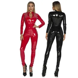 Sexig uppsättning plus size S-5XL Women Sexig latex CatSuit Black Wetlook Full Bodysuit PVC Jumpsuit Clubwear Faux Leather Costume 230818