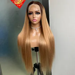 180% 밀도 페루 인디언 브라질 최고 품질 #4/27 100% Raw Virgin Remy Humm Hair Hair Silky Straight 13x4 투명한 레이스 전면 가발