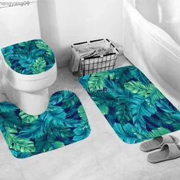 Shower Curtains Fashion Leaves Shower Curtains Green Ins Bathroom Curtain Bath Sets Toilet Cover Mat Non-Slip Washroom Rug Set Modern 180x180cm R230821