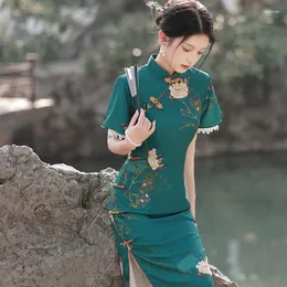 Ethnic Clothing Green Flower Print Qipao Elegant Chinese Styl Dress Women Vintage Mandarin Collar Cheongsams Satin Vestidos Long