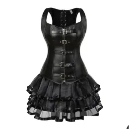 Bustiers Corsets Steampunk Lace up Back Trainer Body Shaper Buckle BustierオーバーバストコルセットフェイクレザーミニスカートチュートDH6tc