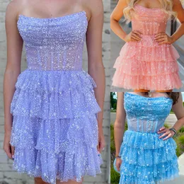 Strapless Ruffle Cocktail Dress 2k24 Pearls Sequins Corset Junior Homecoming Prom Pageant Formal Event Party Runway Black-Tie Gala Hoco Gown Blush Lilac Light Blue