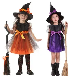 Sukienki dla dziewczyn maluchowa czarownica cosplay kostium dla dzieci sukienka z krótkim rękawem z polną kropką Wstążką spiczastą czapkę na halloween bajkowe rekwizyty 230821