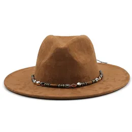 قبعات واسعة الحافة دلو أزياء النساء الرجال Pork Pai Hat Dad Suede Flat Fedora Lady Gentleman Gambler Panama Trilby مع حجم الفرقة 58 سم 230821