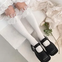 Women Socks Ruffles Solid Socket French Kawaii Pleated Organza Large Lace Girls Cotton Lolita Cute High Woman