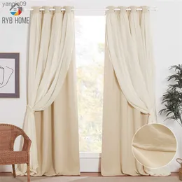 Curtain RYBHOME Grommet Double-Layer Mix Match Elegant Crushed Voile Sheer and Blackout Curtains with Tie-backs for Bedroom Living Room HKD230821